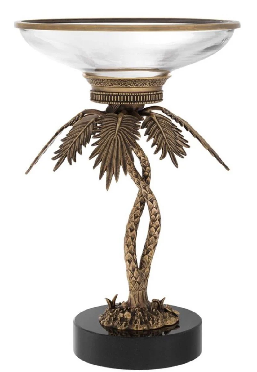 Luxury glass bowl with brass palm stand and granite base vintage brass/black Ø 33.5 x H. 50.5 cm - Hotel & Restaurant Accessories