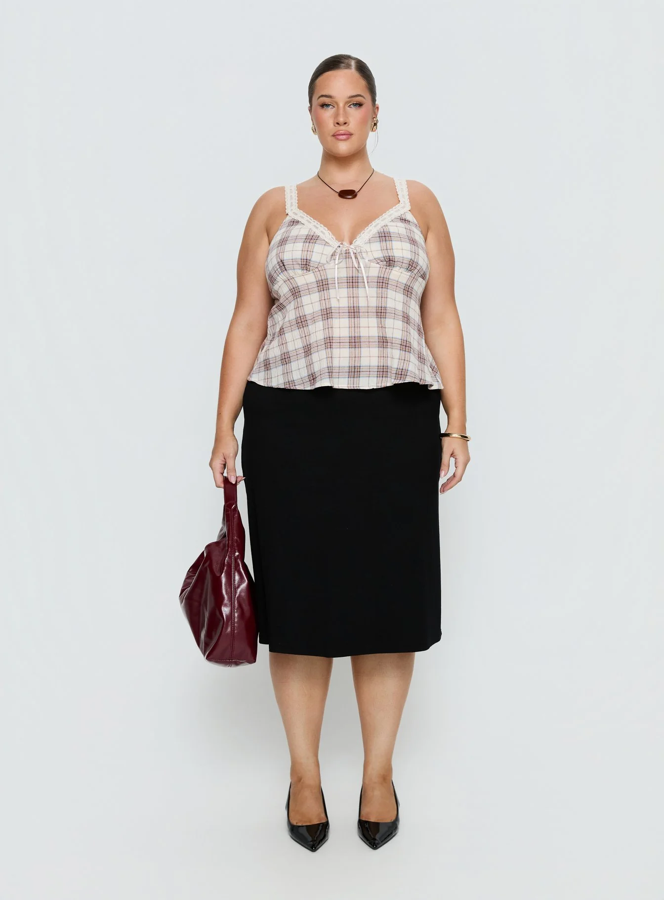 Pretty It Up Tie Detail Top Beige Check Curve