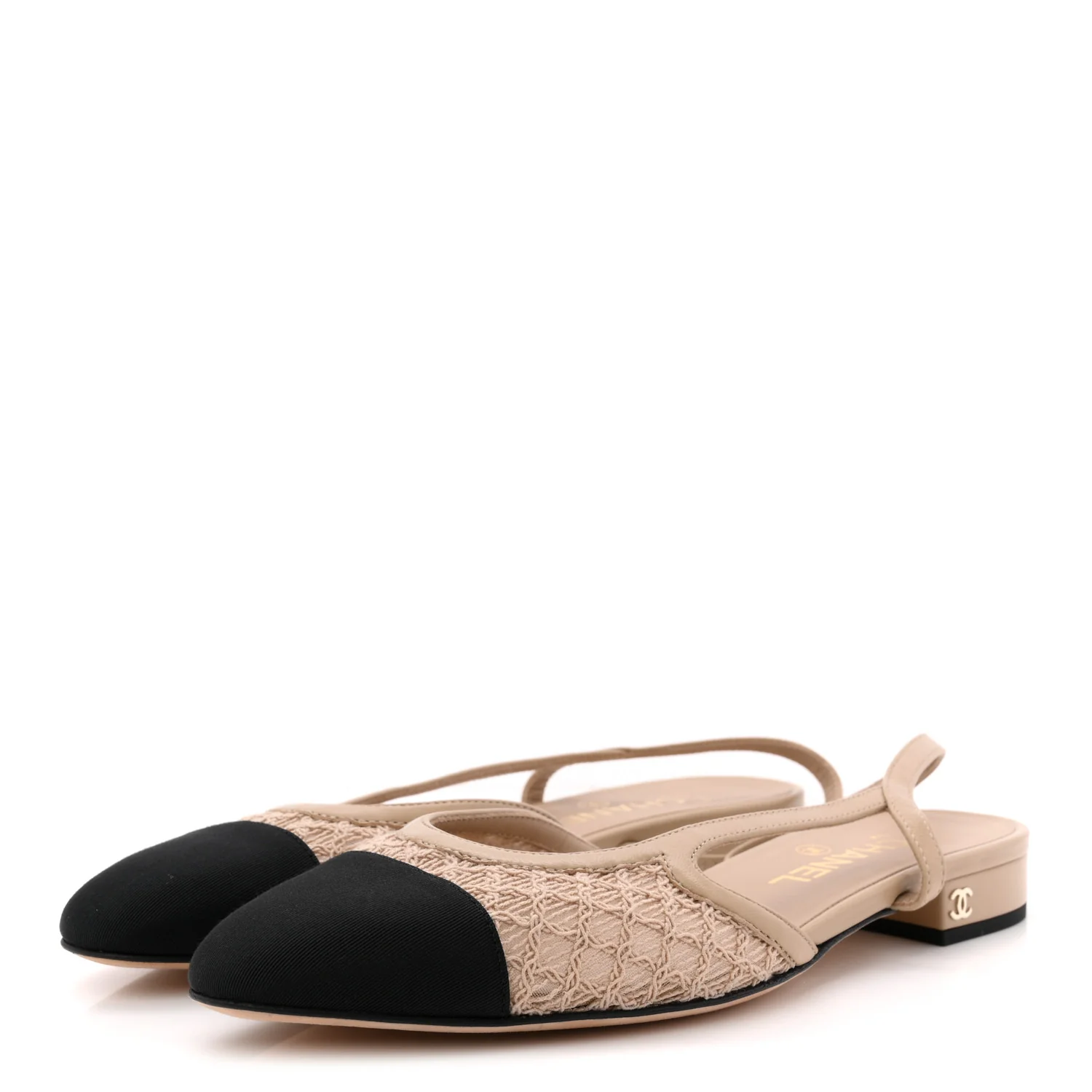 Embroidery Grosgrain Cap Toe CC Slingback Flats 38.5 Beige Black - Top Club