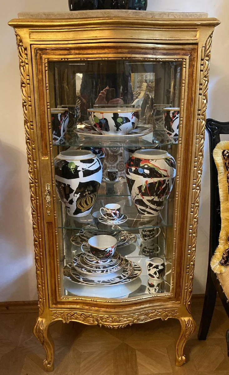 Baroque display cabinet gold / cream - handmade solid wood display cabinet with glass door and marble top - living room furniture in baroque style - baroque furniture - baroque furnishings