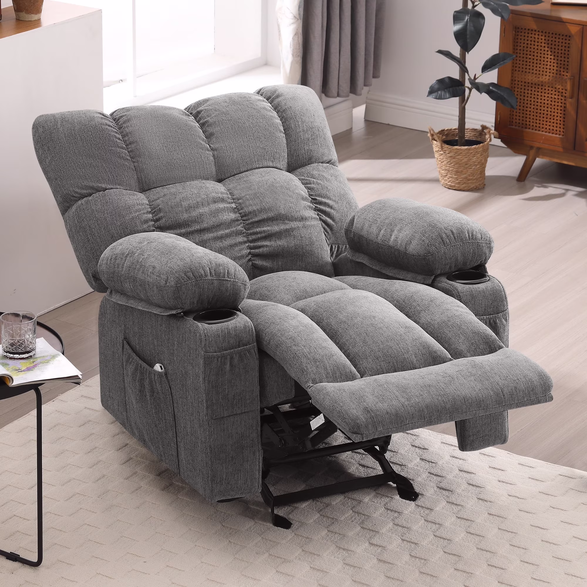 JONPONY Manual Recliner Chair with Heat Therapy and Massage Function, Heavy Duty Reclining Mechanism Massage Chair, Elderly Single Rocker Sofa with Cup Holders for Bedroom Home Theater, Grey