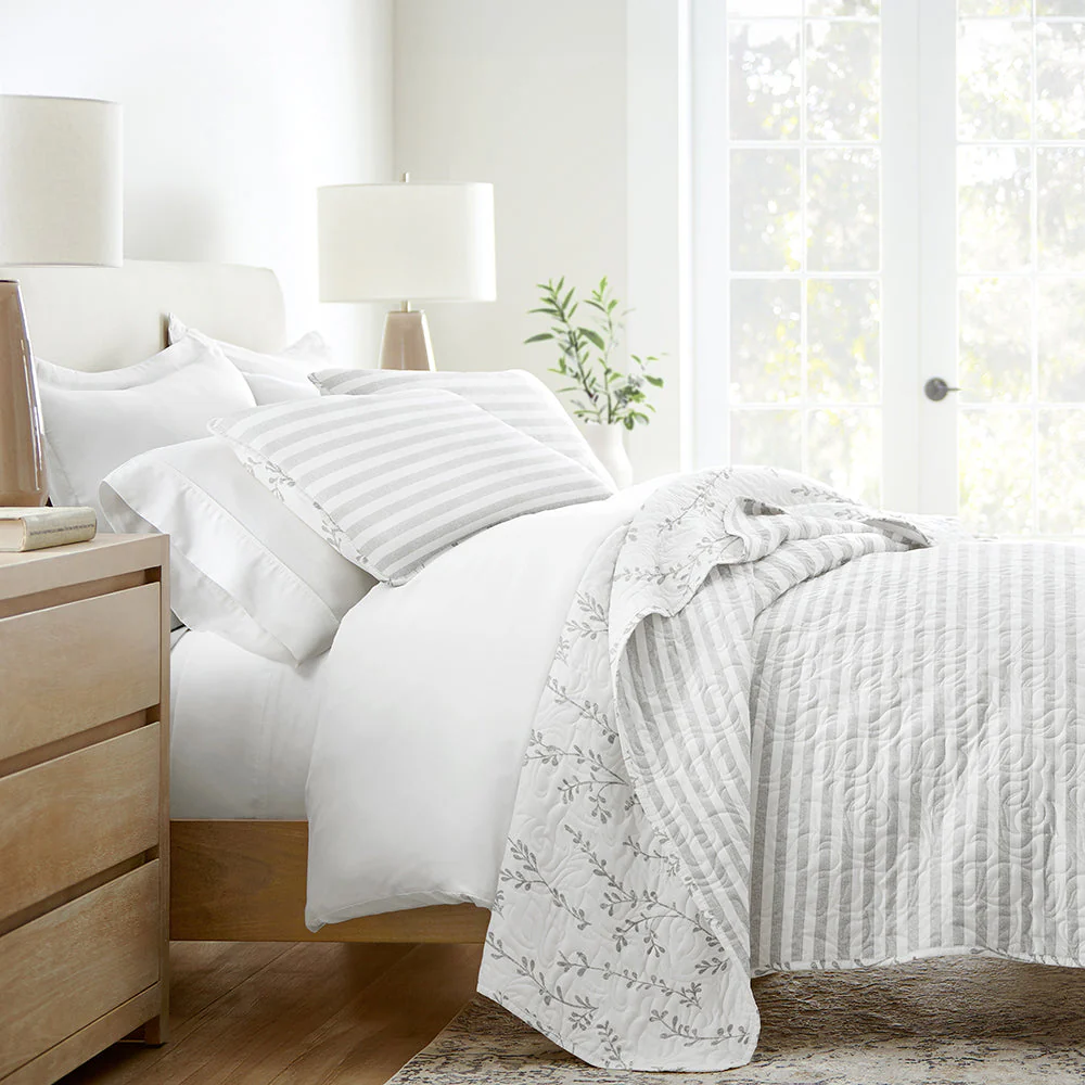 Sprouting Vines Stripe Reversible Quilted Coverlet Set (Sale)