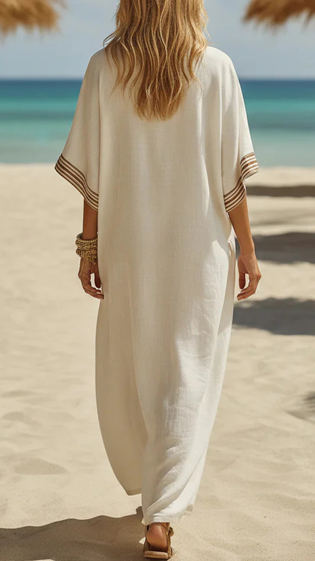 Women's Striped Trim Cotton-Blend Kaftan Dress - Nordfashionstorm - Women's Clothing, Fashion for You - Nordfashionstorm.com