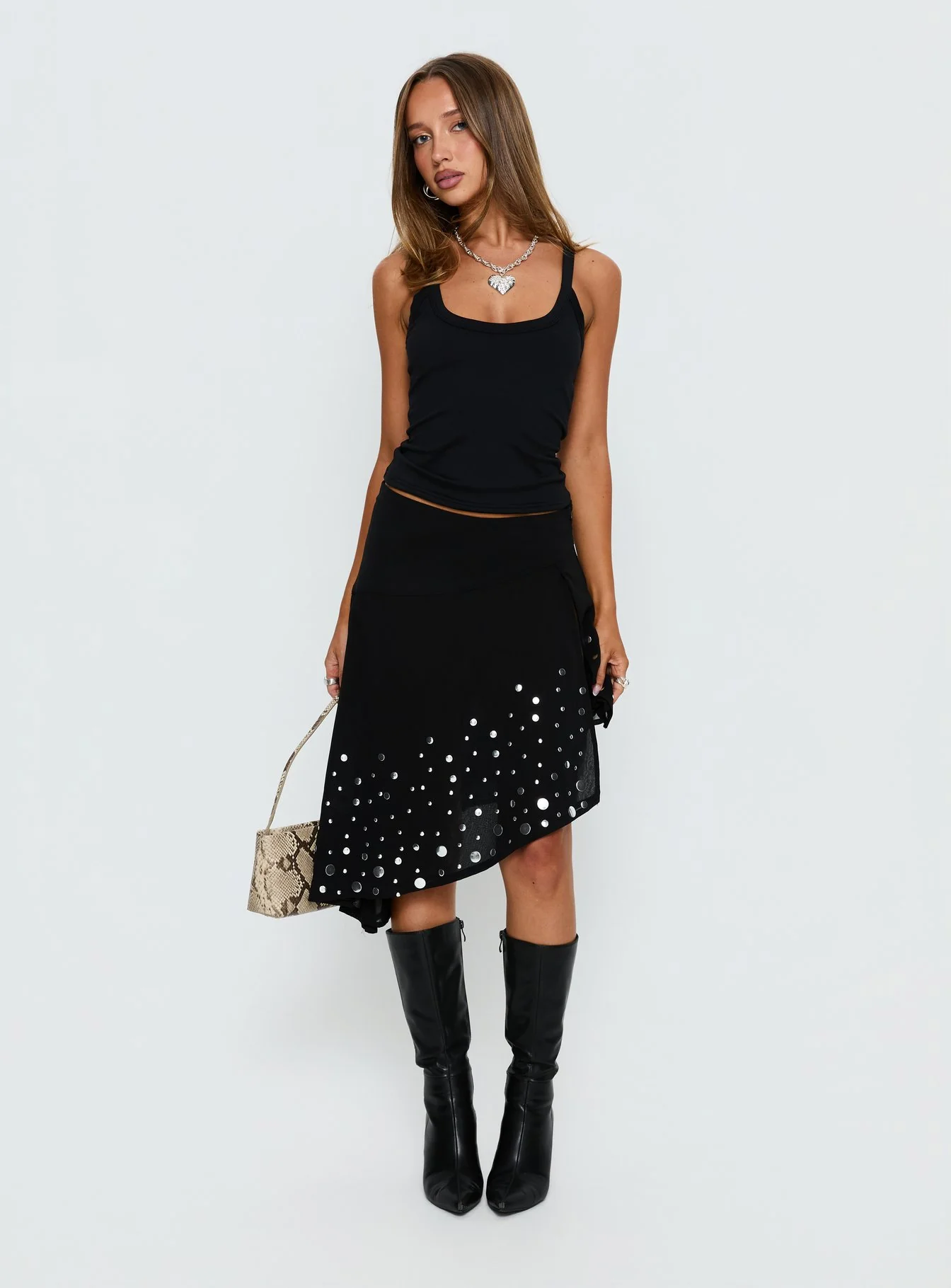 Jezabela Asymmetrical Stud Midi Skirt Black