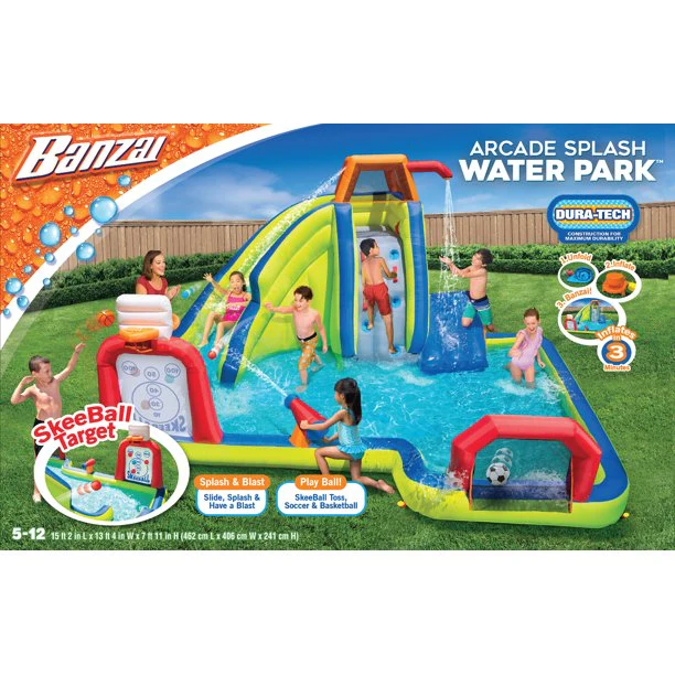 Banzai inflatable arcade water park slide with SkeeBall toss, soccer ball and basketball
