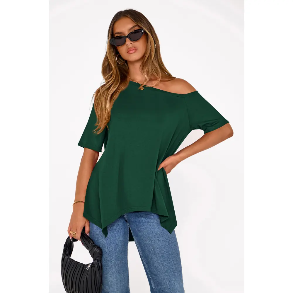 PrettyGarden Off Shoulder Tops for Women Summer Short Sleeve Asymmetrical Oversized Tee Shirts Casual Spring Clothes
