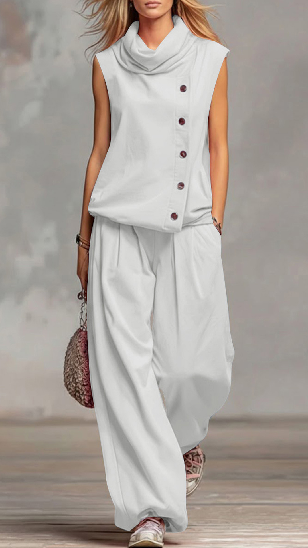 Women's Cowl Neck Sleeveless Top & Wide-Leg Pants Set - Nordfashionstorm - Women's Clothing, Fashion for You - Nordfashionstorm.com