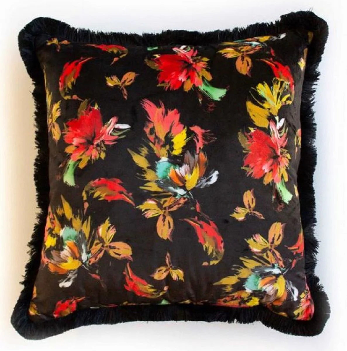 Luxury decorative cushion autumn leaves design black / multicolored 45 x 45 cm - printed velvet cushion with fringes - decorative accessories