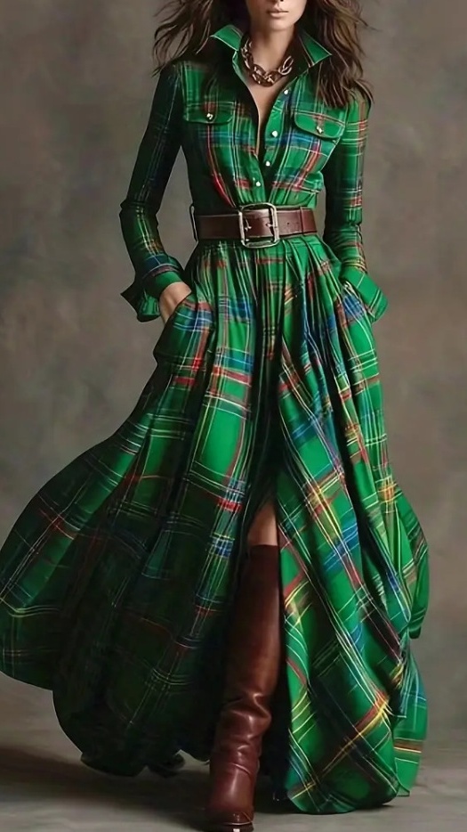 Women's Vintage Plaid Long Dress with Lapel Collar+Belt - Nordfashionstorm - Women's Clothing, Fashion for You - Nordfashionstorm.com