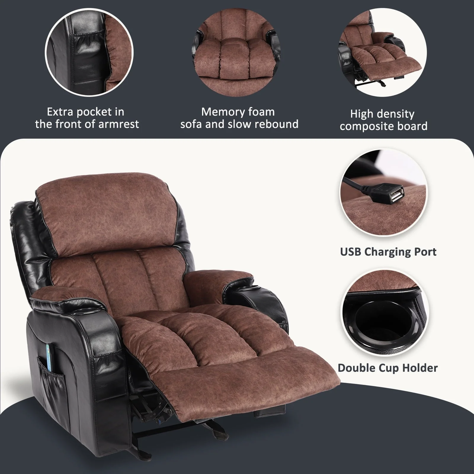 Leather Massage Recliner Chair, Modern Electric Power Rocker with Heated Massage, Ergonomic Lounge Chair, SEGMART Single Sofa Seat with Drink Holders for Living Room, Black and Brown