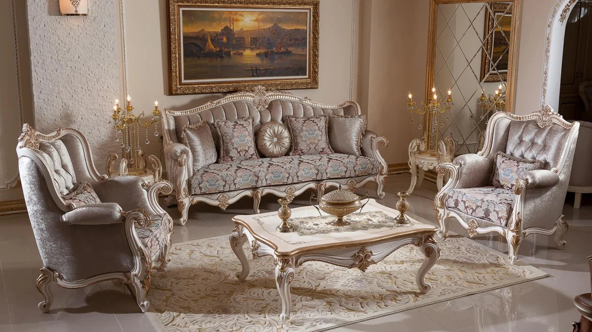 Luxury Baroque Living Room Furniture Set Brown / White / Gold