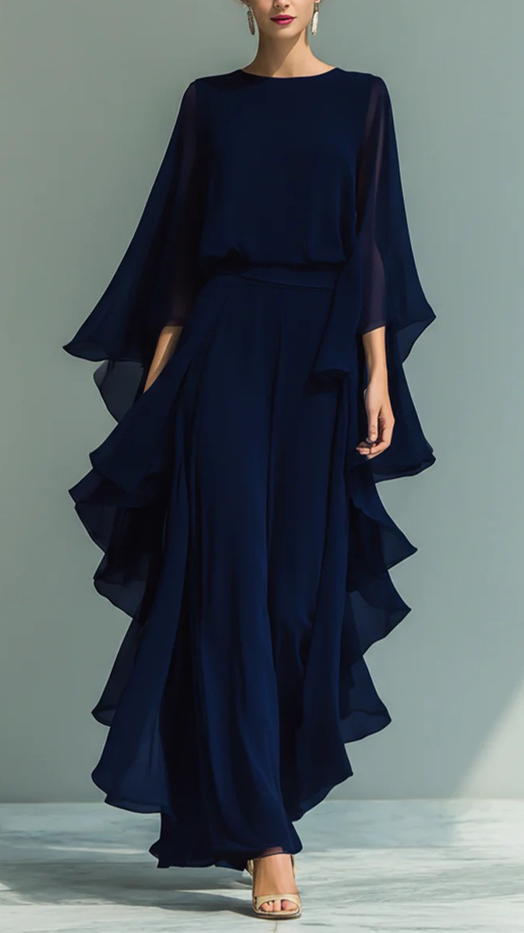 Chiffon Ruffled Bell Sleeve Straight Leg Trousers Set - Nordfashionstorm - Women's Clothing, Fashion for You - Nordfashionstorm.com