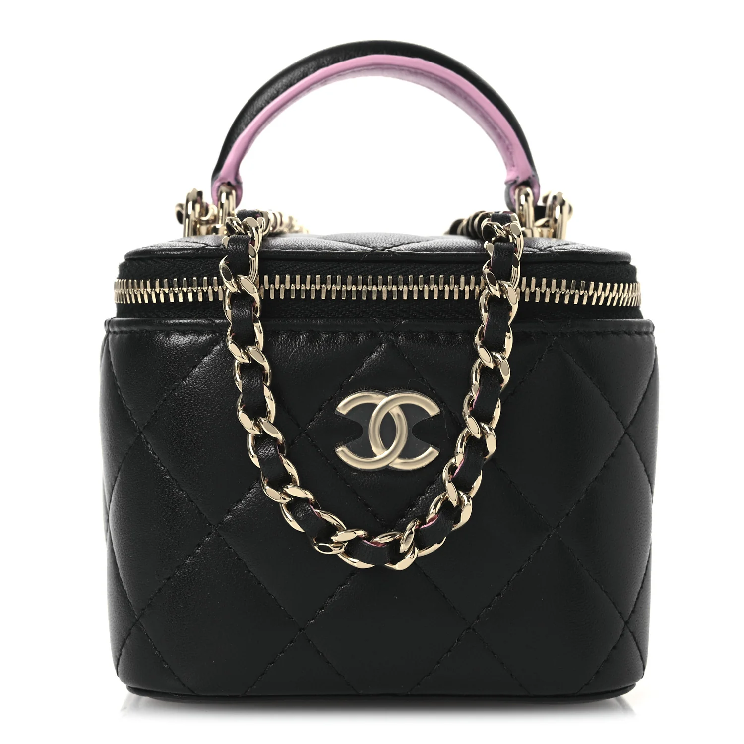 Lambskin Quilted Top Handle Mini Vanity Case With Chain Black Pink - Top Club