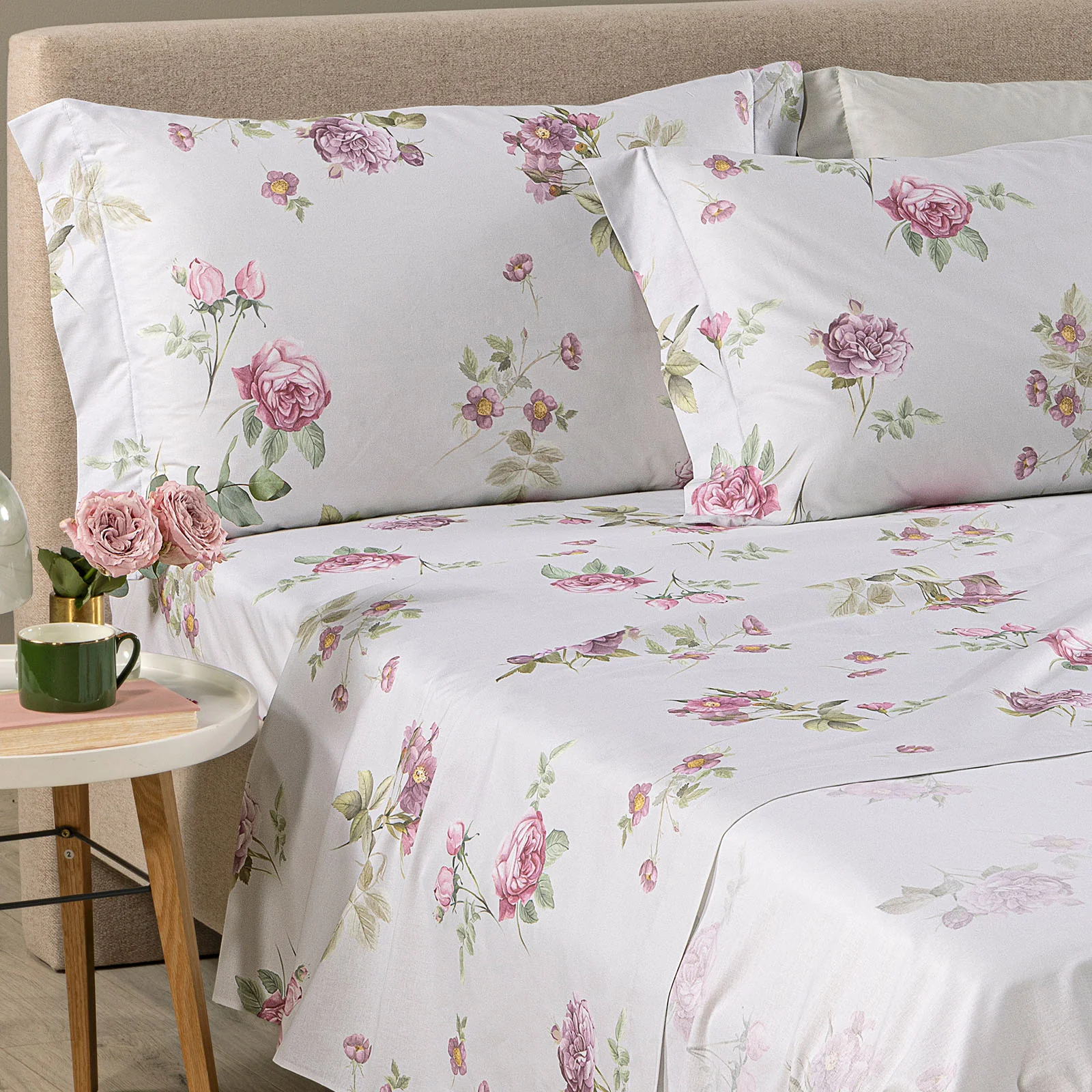 Completo Lenzuola In Cotone Giardino Romantico Matrimoniale Tortora Caleffi