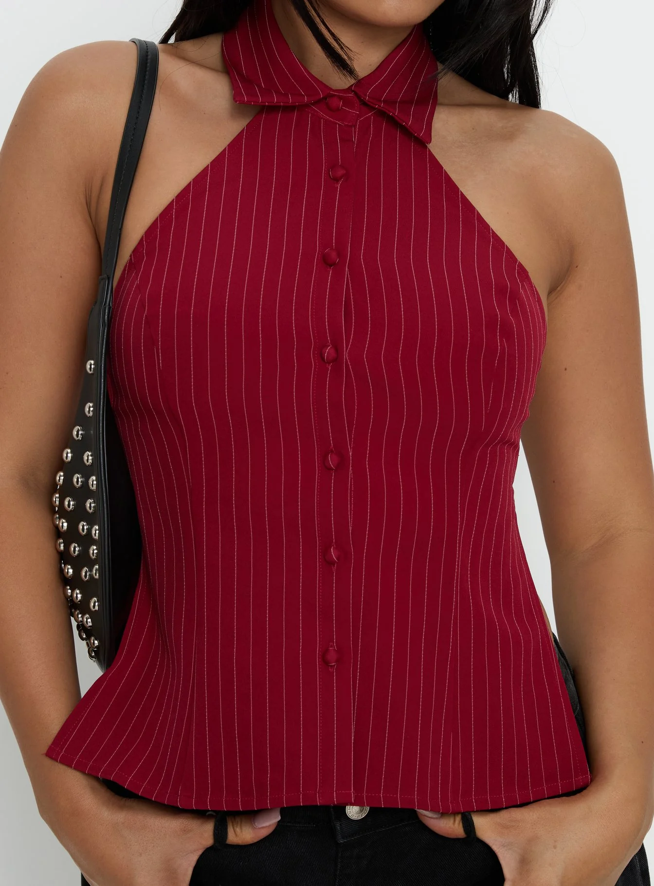 Roanne Backless Collared Top Red Stripe