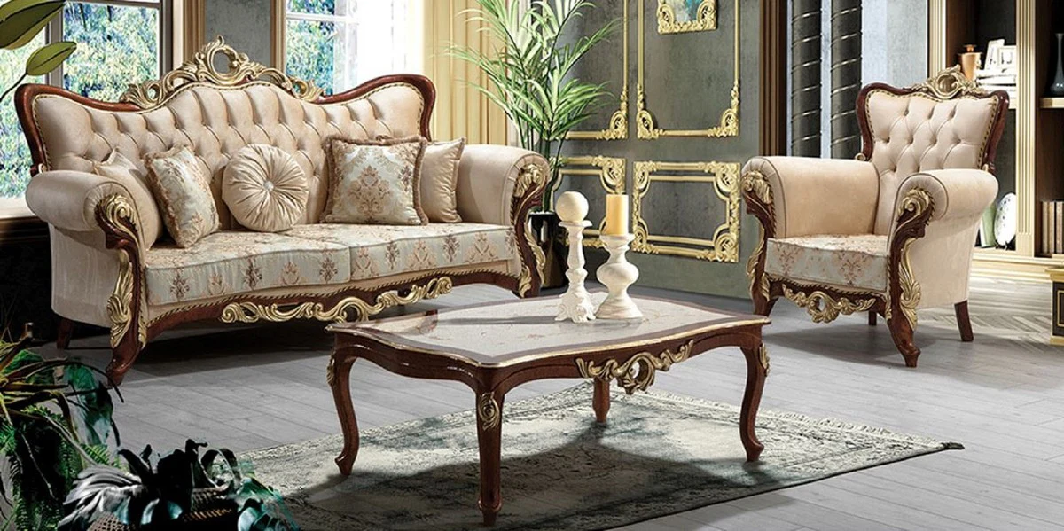 Luxury Baroque Living Room Set Beige / Brown / Gold - 2 Sofas with Pattern & 2 Armchairs with Pattern & 1 Coffee Table - Magnificent Baroque Living Room Furniture