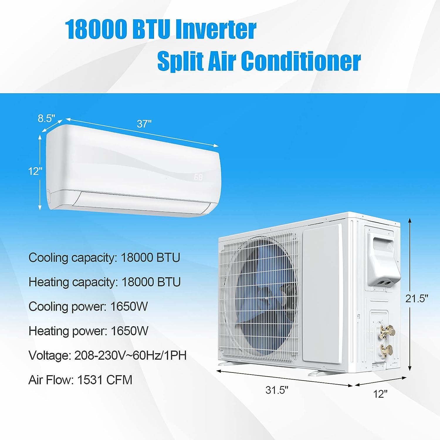 PETSITE 18000 BTU Air Conditioner, 19 SEER2 208-230V Wall Mounted Ductless AC Unit Energy Saving with Installation Kit Cold Rooms up to 1250 Sq. Ft, White