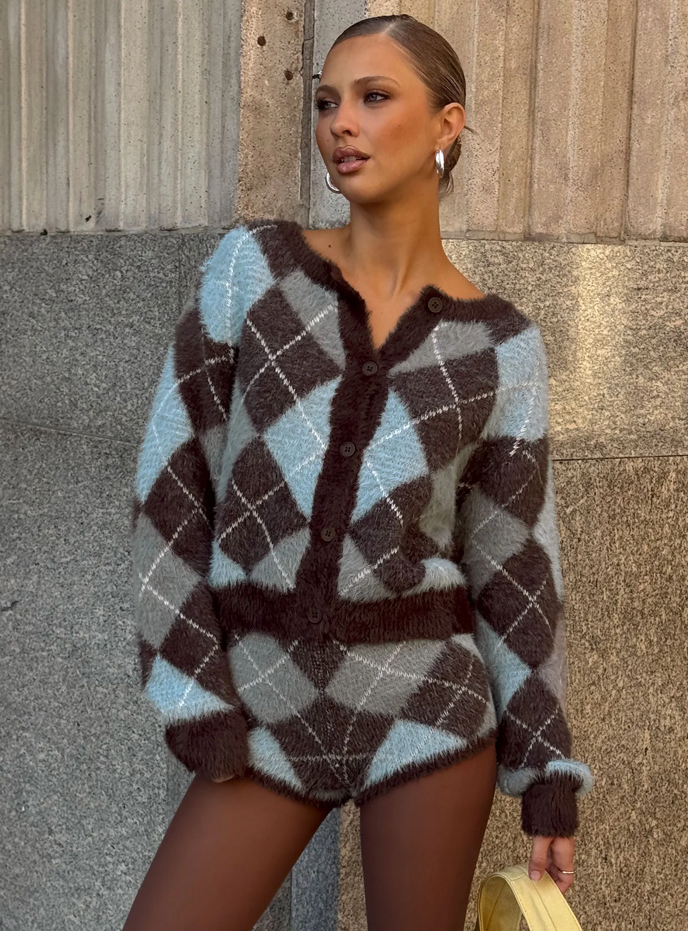 Kenlea Button Up Cardigan Blue Argyle