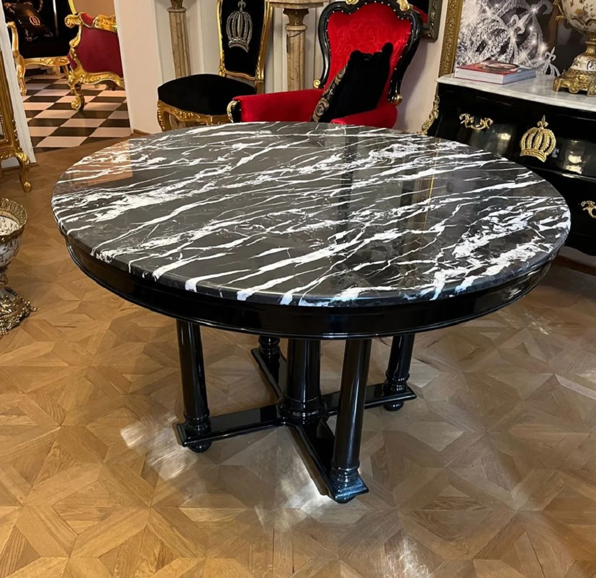 Luxury dining table black Ø 120 x H. 80 cm - Round solid wood kitchen table with marble top - Dining room furniture - Luxury furniture