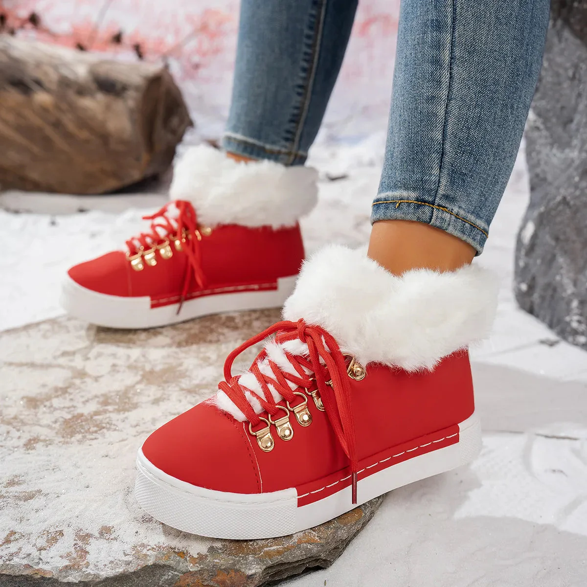 Bottes d'hiver en laine confortables à lacets pour femmes