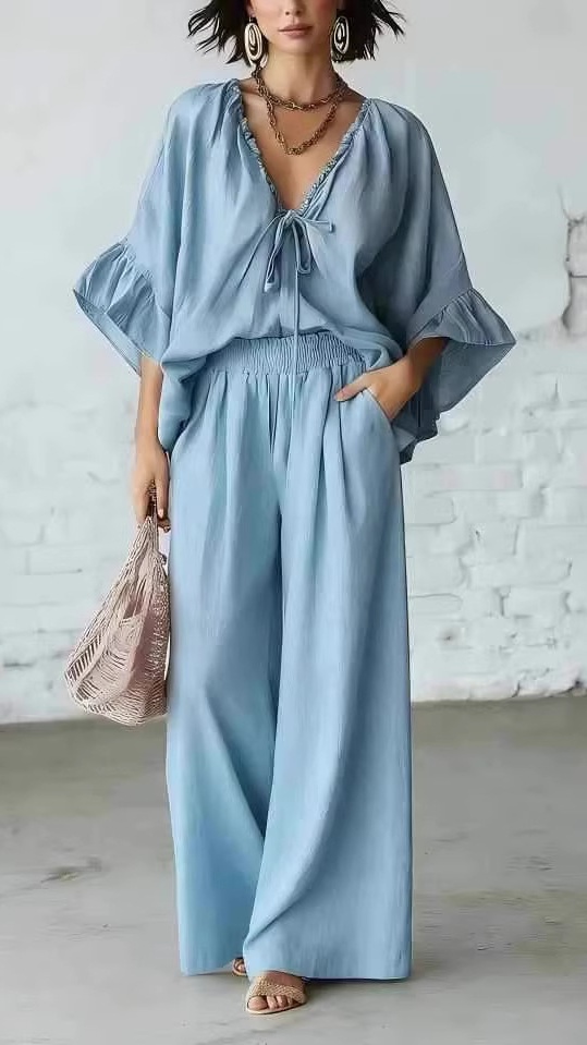Women's Casual Vacation Two-Piece Set: Loose-Fit Cotton-Linen V-Neck Top and Wide-Leg Pants - Nordfashionstorm - Women's Clothing, Fashion for You - Nordfashionstorm.com