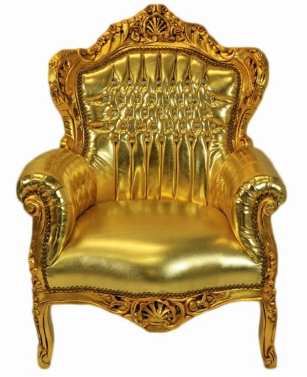Baroque armchair King Gold/Gold leather look with bling bling glitter stones