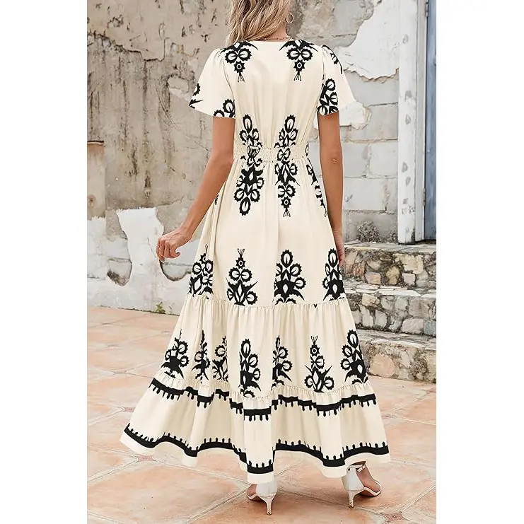 PrettyGarden Women's Summer Casual V Neck Boho Maxi Dress Flowy Aline Bell Sleeve Tiered Floral Dresses with Pocket Comfort Bohemian Womenswear V-Neck Short Sleeve