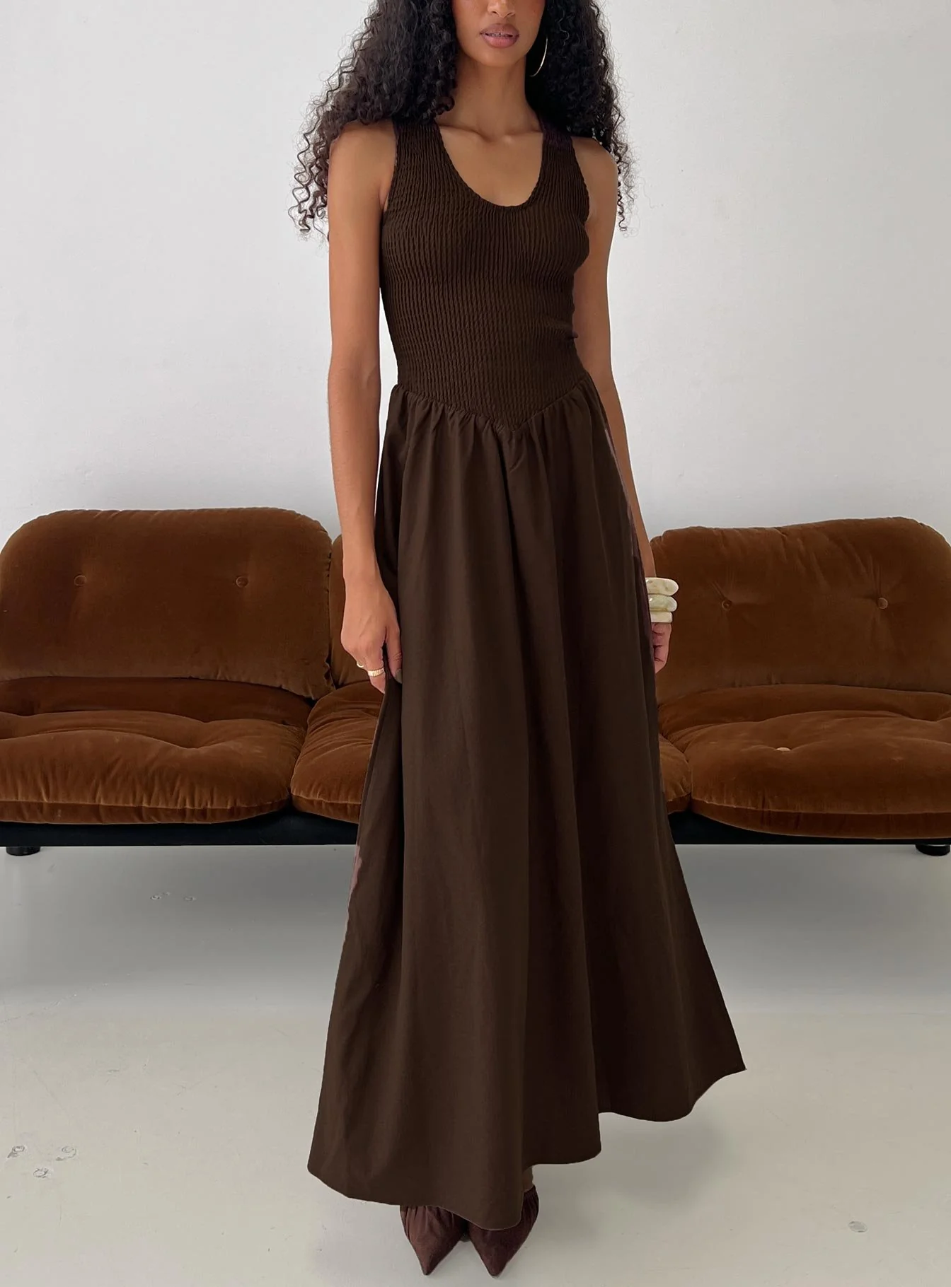 Highgate Drop Waist Pleat Detail Maxi Dress Chocolate
