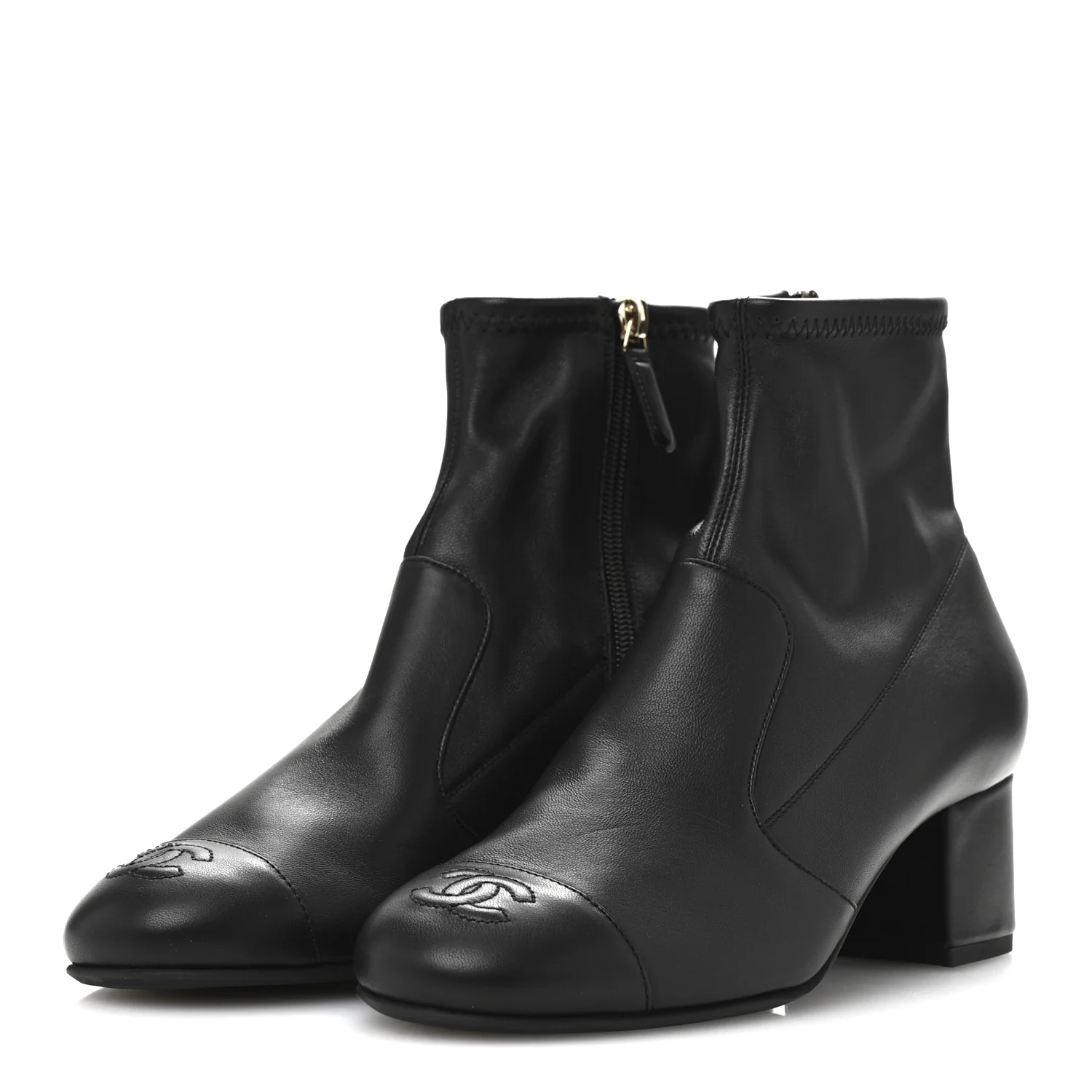 Stretch Lambskin Cap Toe CC Uniform Short Boots 37.5 Black - Top Club