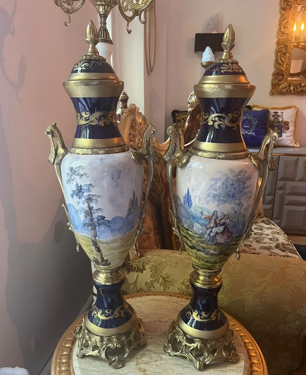 Baroque decorative ceramic vases set blue / colorful / brass H. 65 cm - Baroque Interior