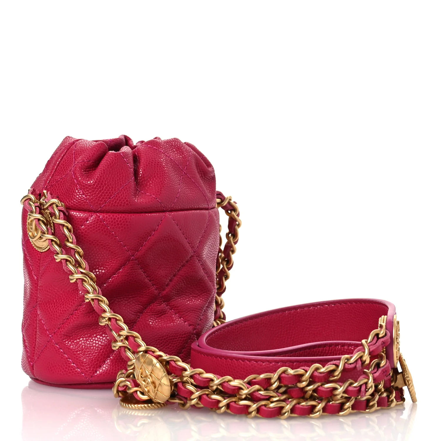 Caviar Quilted Twist Your Buttons Mini Bucket Bag Fuchsia - Top Club