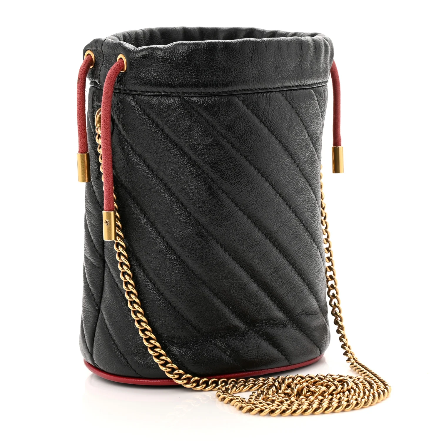 Vintage Effect Calfskin Matelasse Diagonal Mini Torchon GG Marmont 2.0 Bucket Bag Black Romantic Cherry - Top Club