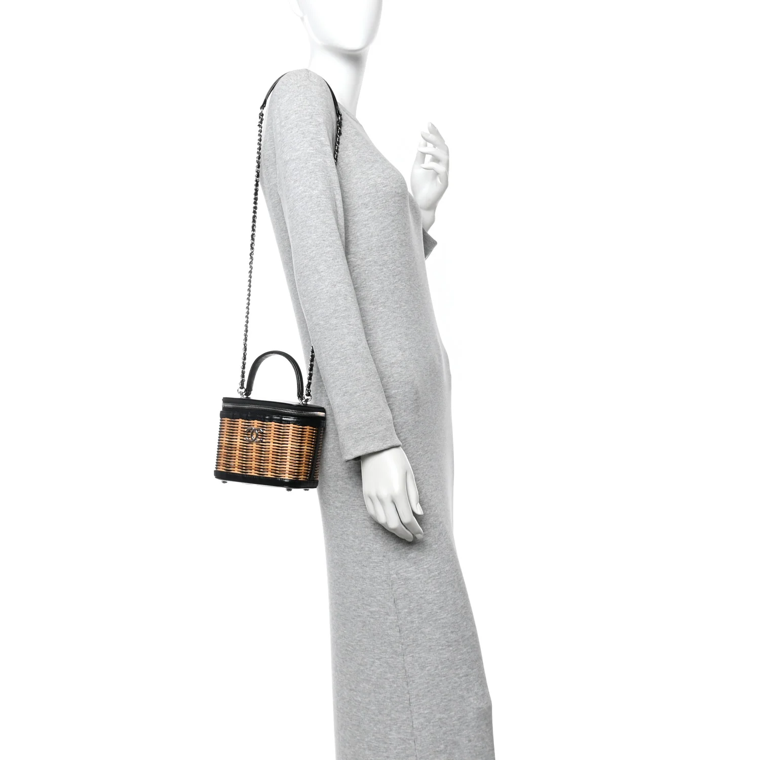 Calfskin Raffia Small Vanity Case Bag Black Beige