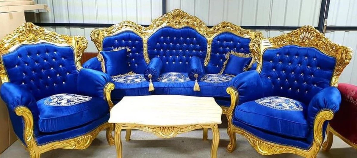 Baroque living room set blue pattern / gold - 1 baroque sofa & 2 baroque armchairs - living room furniture in baroque style - baroque furniture - baroque living room furnishings