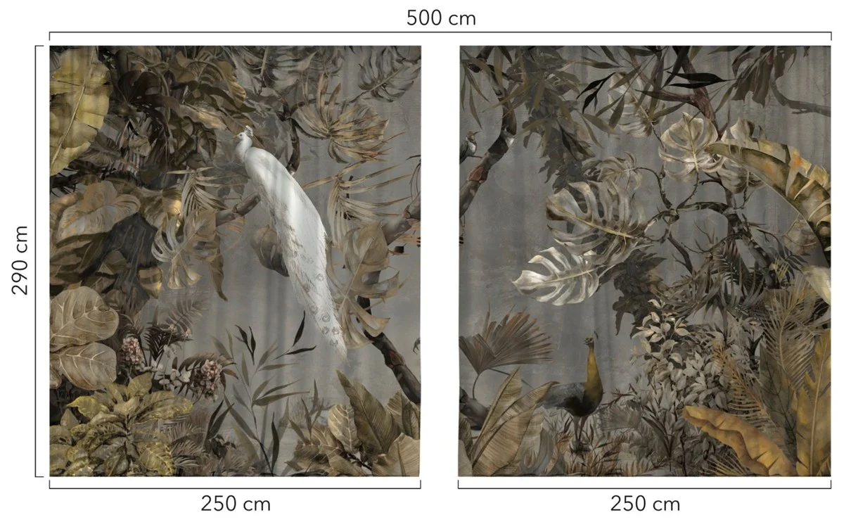 Luxury Curtain Set White Peacock in the Forest Gray / Multicolored 250 x H. 290 cm - Printed Linen & Velvet Curtains - Eyelet Curtains - Sliding Curtains - Luxury Living Room Curtains