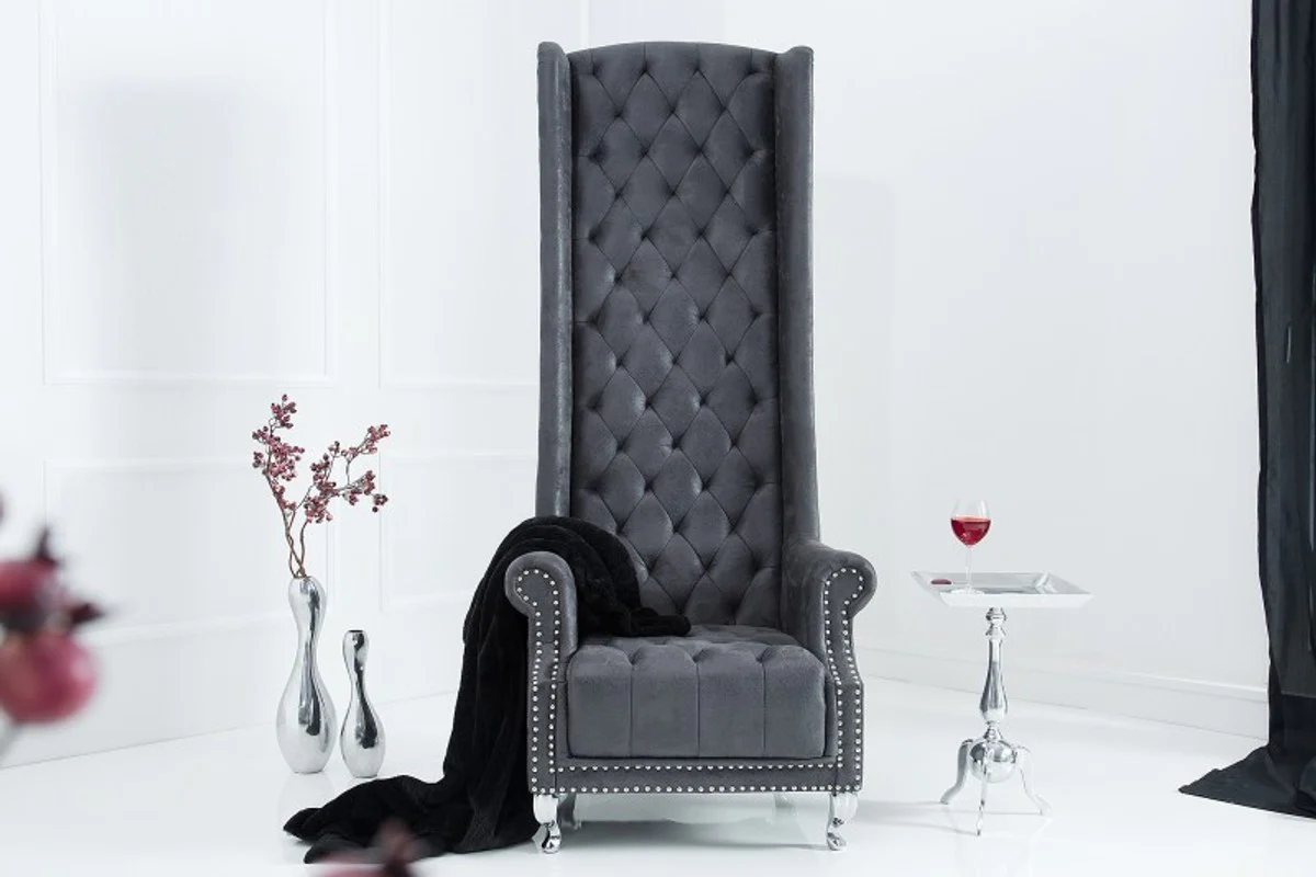 Chesterfield High Back Armchair Gray - Throne King High Back Armchair - Modern Baroque High Back Chair