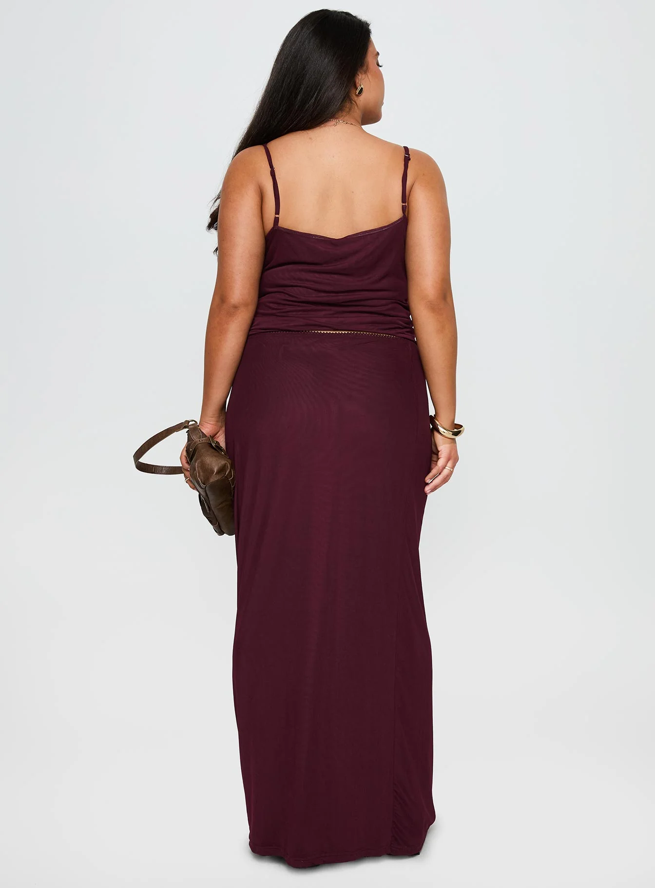 Reiko Lace Trim Tie Front Maxi Set Burgundy Curve
