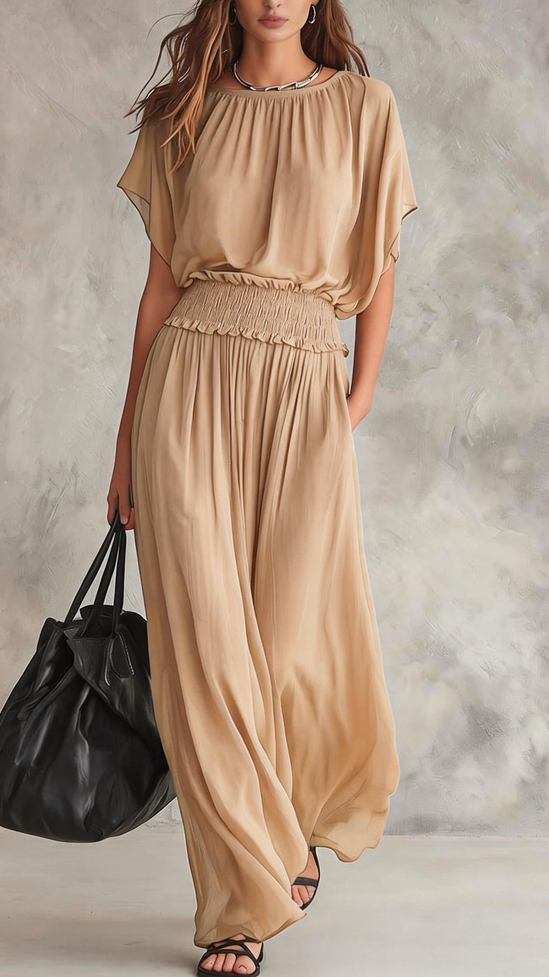 Women's Chiffon Long Dress with Shirred Waist - Nordfashionstorm - Women's Clothing, Fashion for You - Nordfashionstorm.com