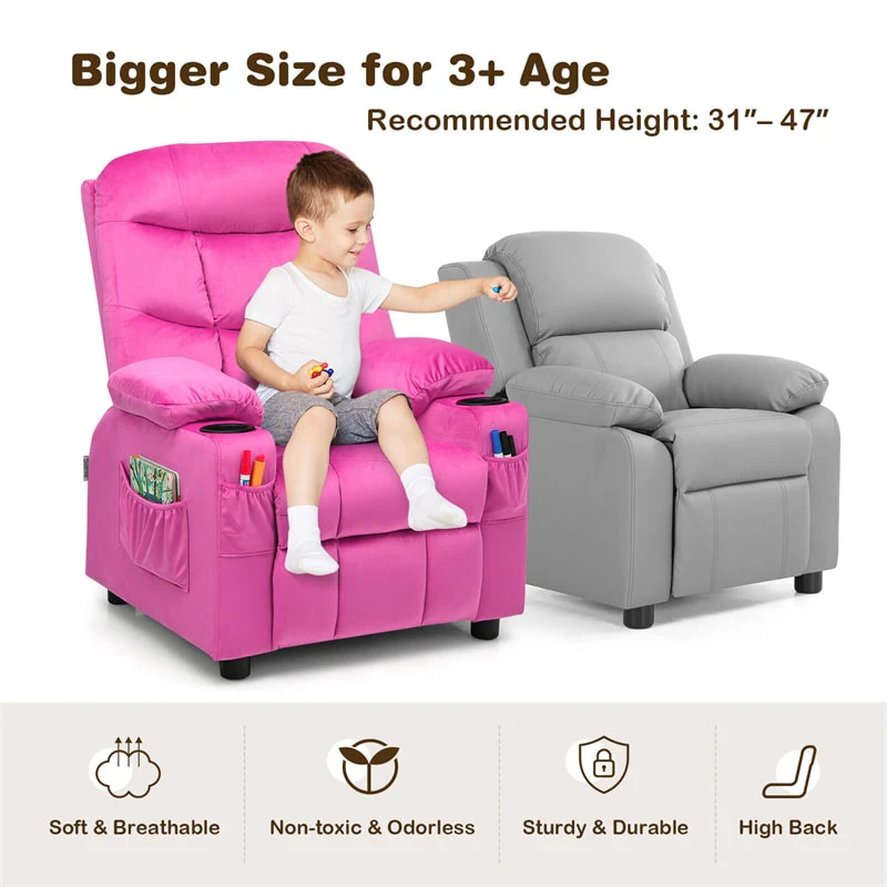 Kids Recliner Chair Adjustable Velvet Lounge Sofa with Cup Holders, 3 Pockets, Retractable Footrest, Toddler Furniture Sofa for Boys Girls Room