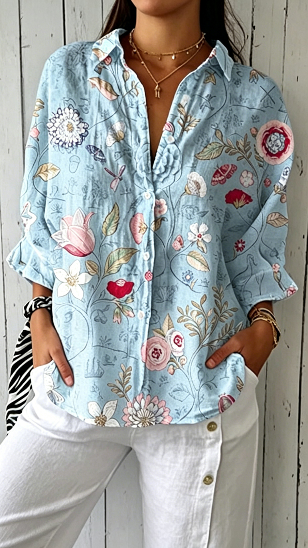 Women's Blue Floral Print Polyester Shirt - Nordfashionstorm - Women's Clothing, Fashion for You - Nordfashionstorm.com