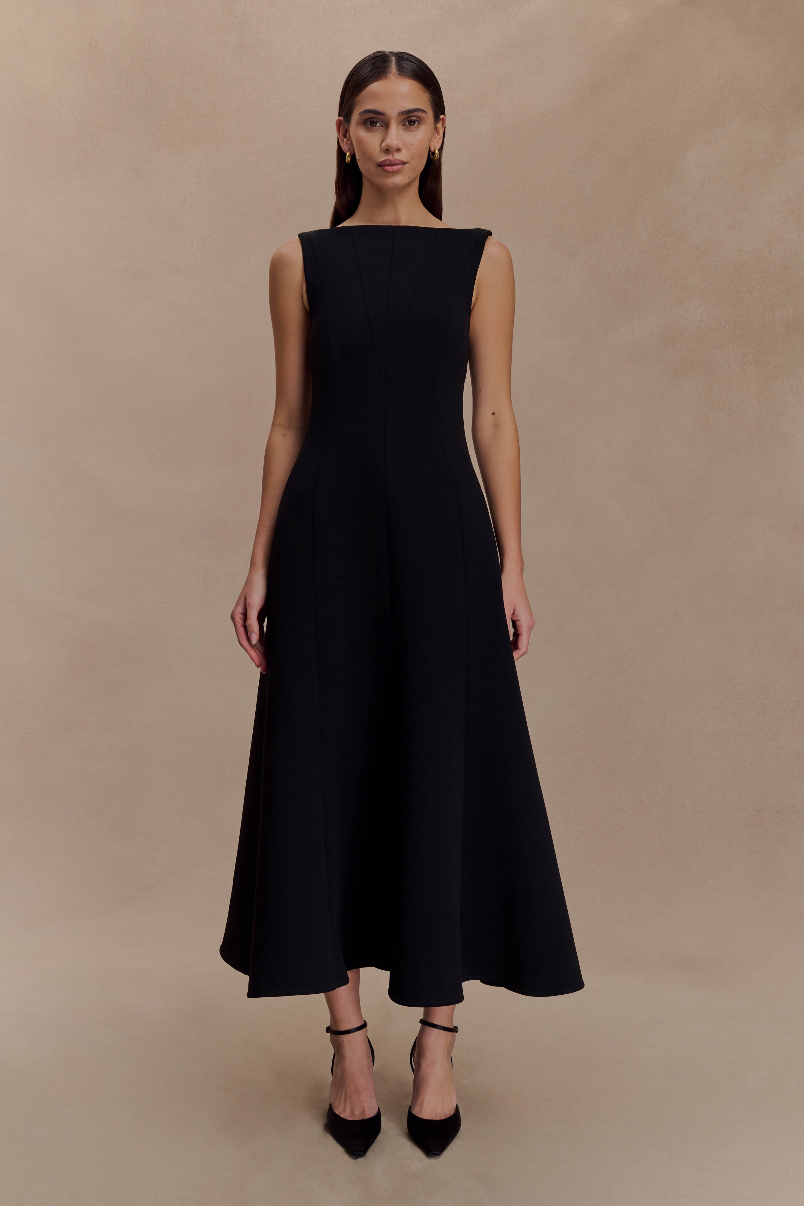 Callista Crepe A-Line Midi Dress - Black
