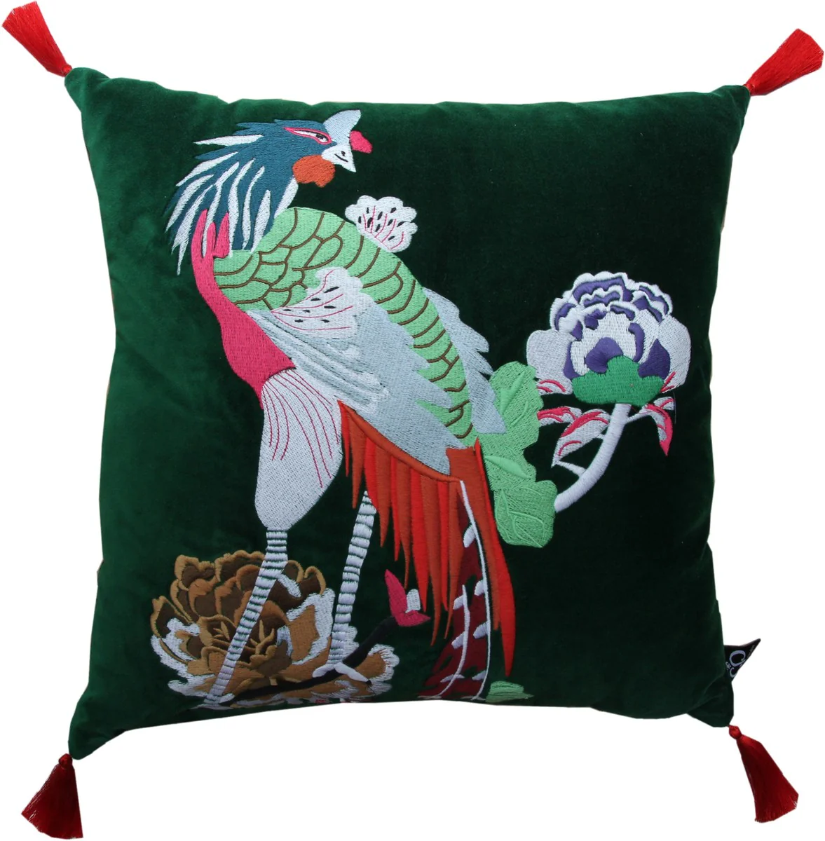 Luxury decorative cushion with tassels Bird Green / Red 45 x 45 cm - Finest velvet fabric - Luxury decorative accessories