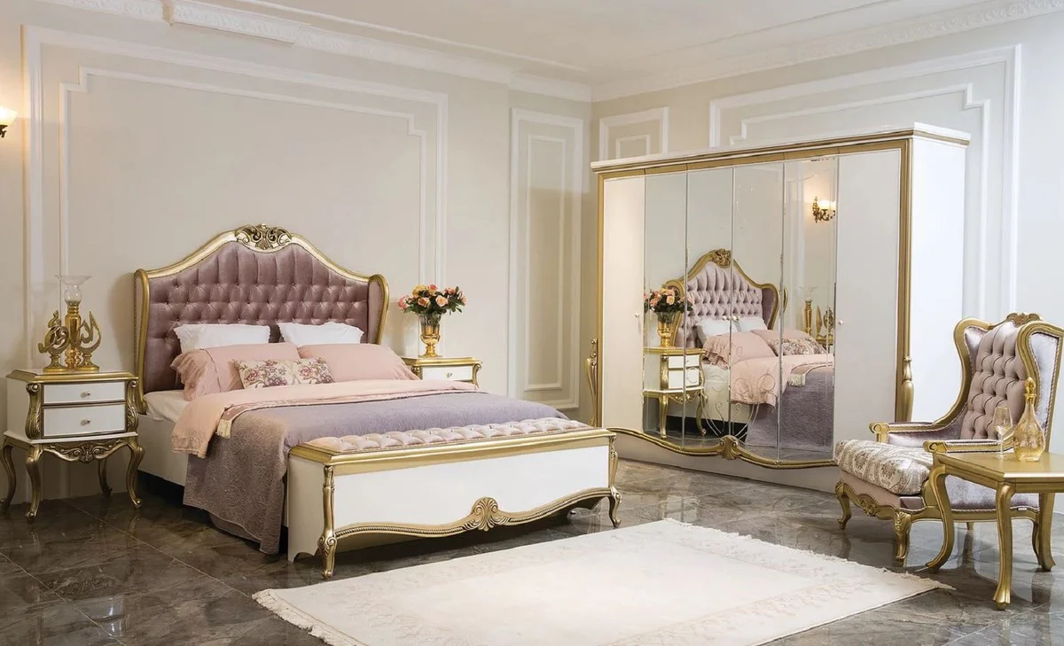 Luxury Baroque Nightstand White / Gold - Handcrafted Solid Wood Bedside Table with 2 Drawers - Baroque Bedroom Furniture