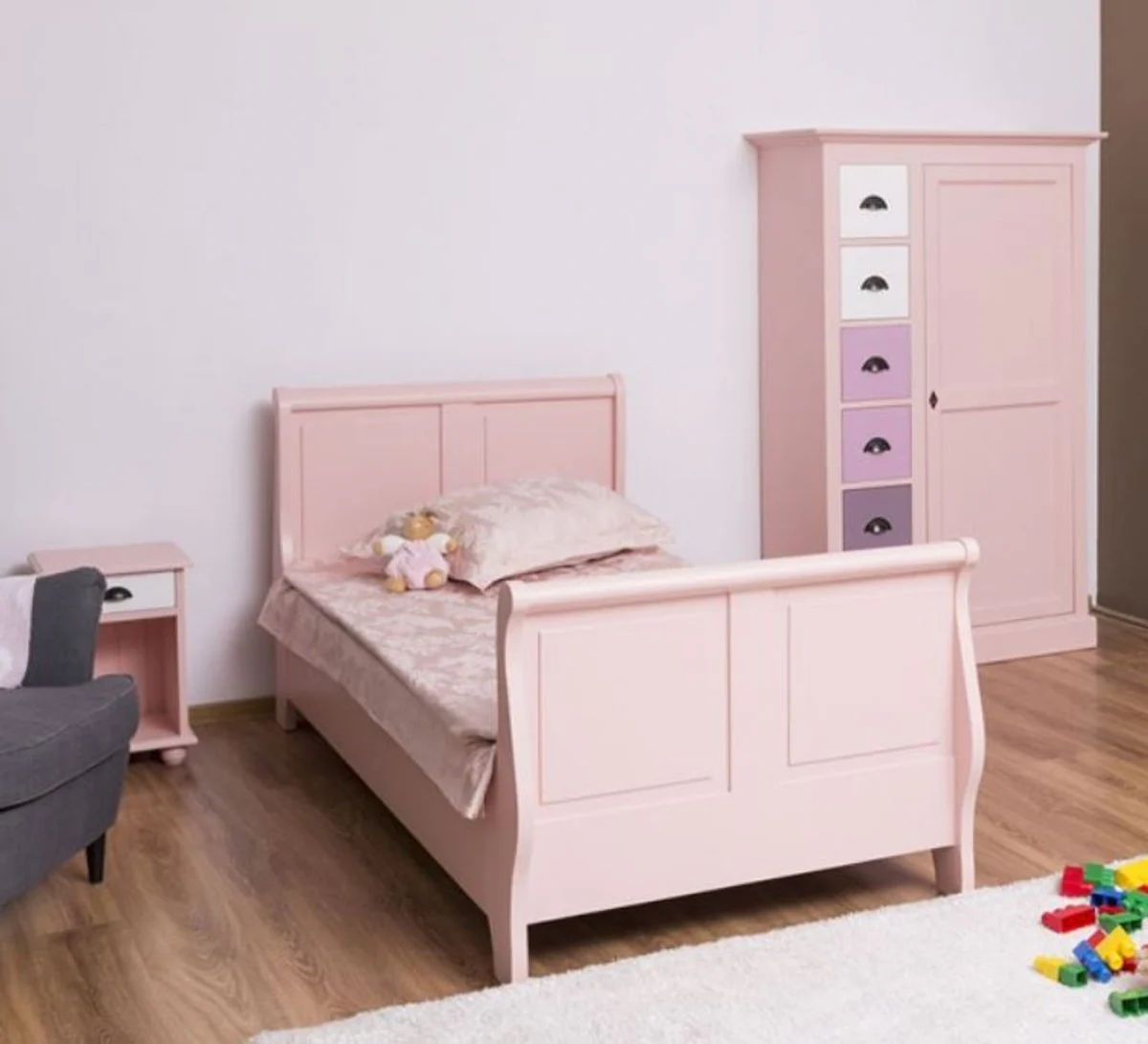 Country style solid wood children's room furniture set pink / white / purple - 1 single bed & 1 wardrobe & 1 bedside table - country style furniture