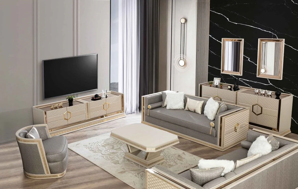 Luxury Art Deco Coffee Table Cream / Gold - Handcrafted Solid Wood Living Room Table - Art Deco Living Room Furniture
