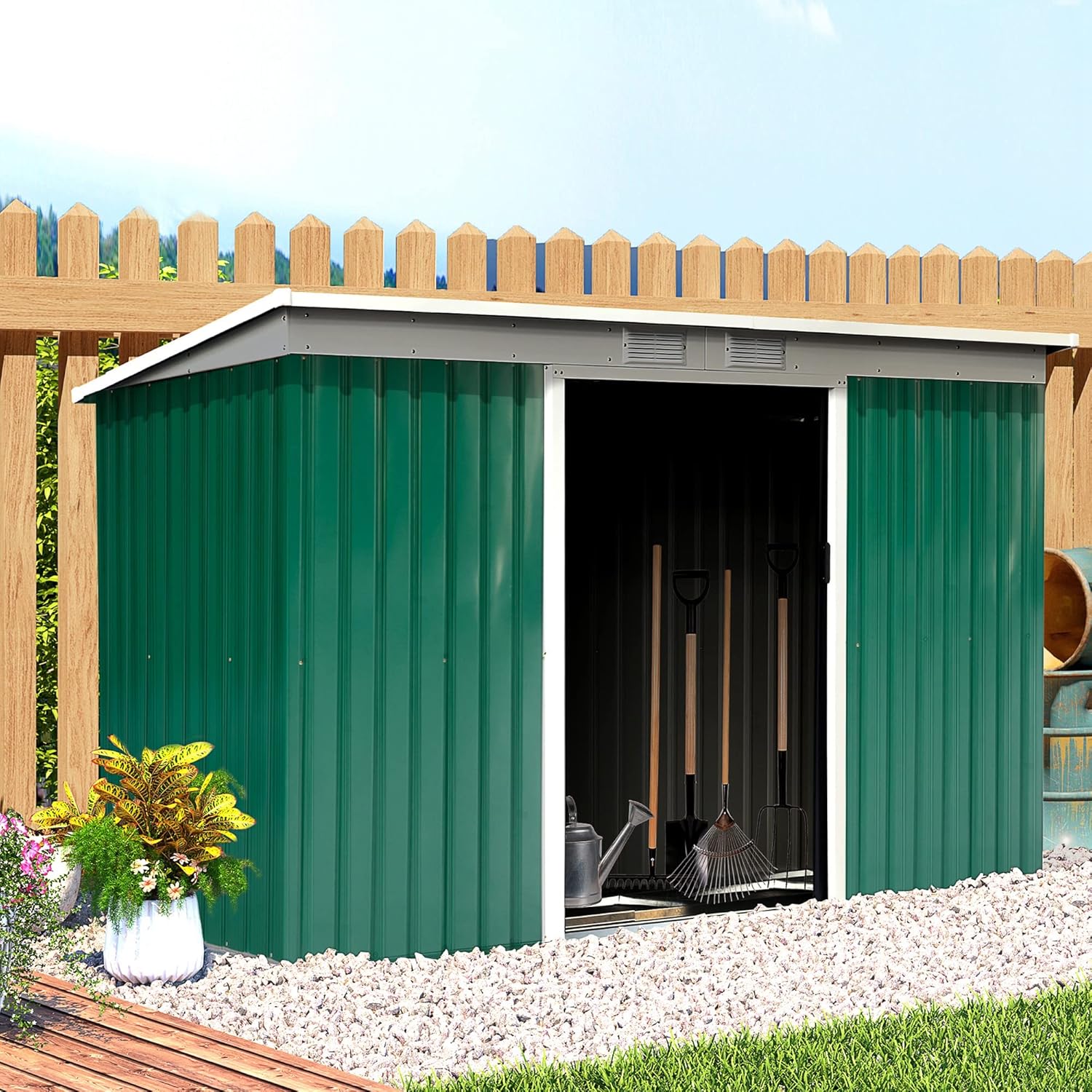 Outsunny Casetta da Giardino Porta Utensili in Lamiera di Acciaio, Capanno da Giardino in Acciaio con Porte Scorrevoli, 280x130x172cm, Verde Scuro