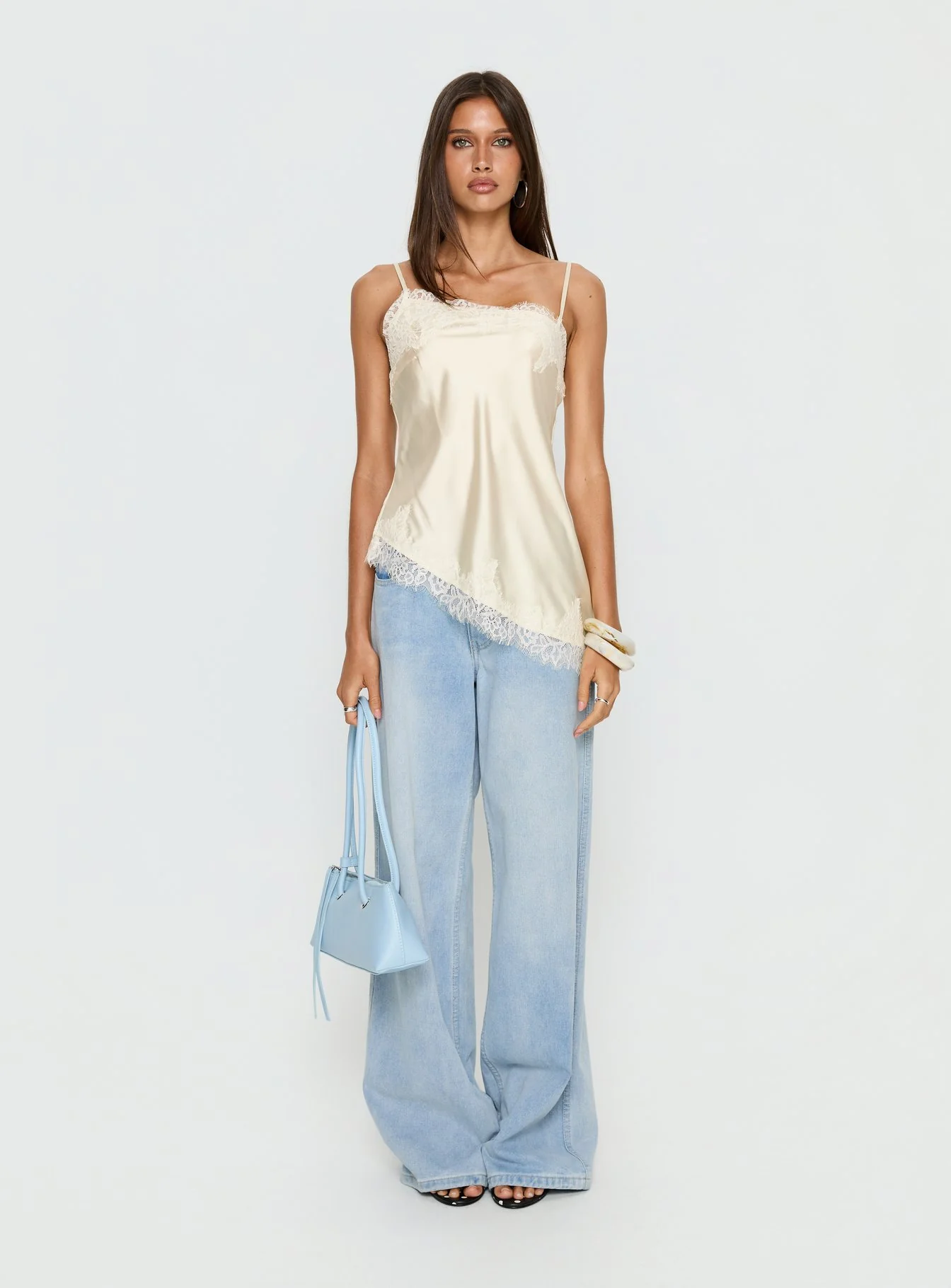 Winta Lace Trim Asymmetrical Satin Top Cream