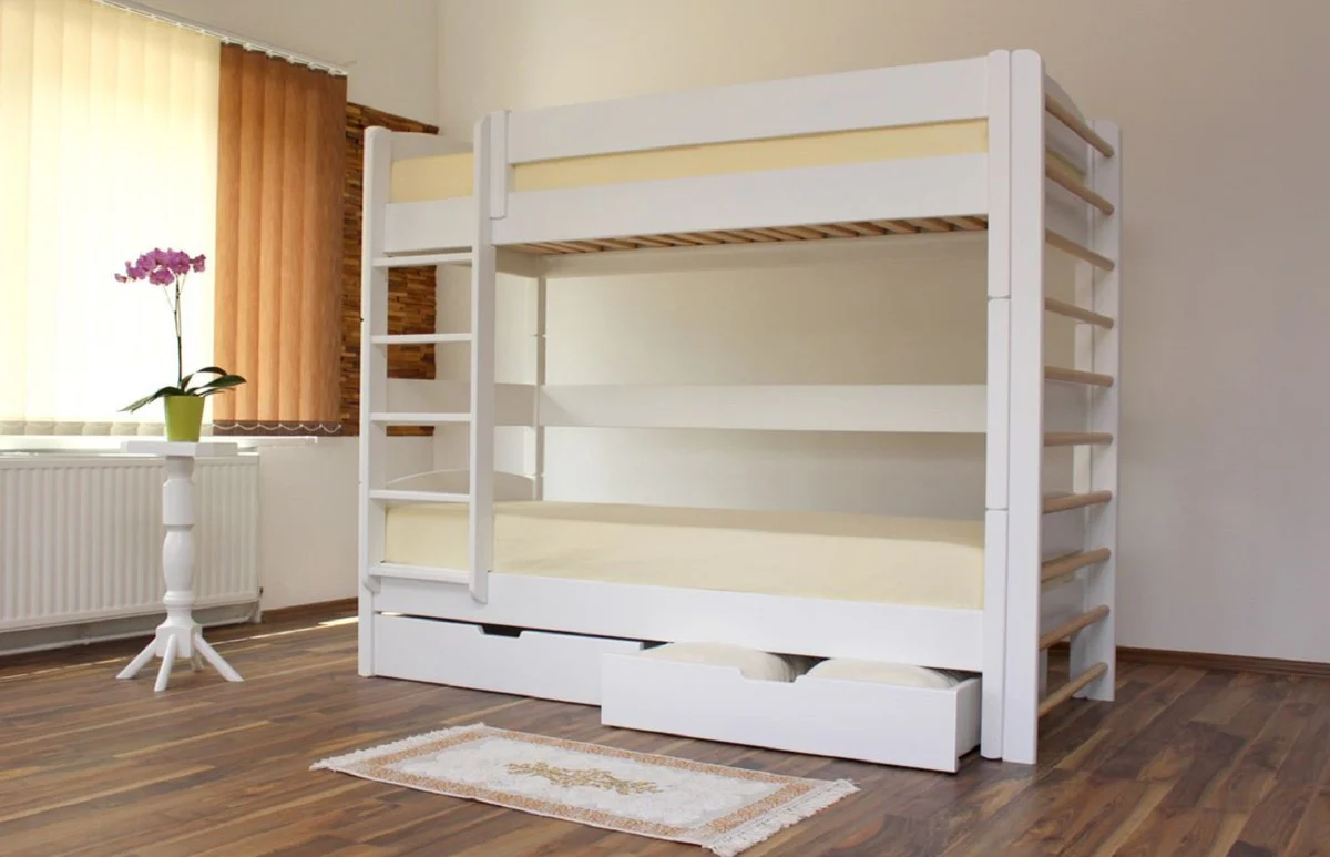 Luxury solid wood children's bunk bed white / natural colors 211 x 98 x H. 185 cm - multifunctional children's bed with ladder and wall bars - children's room furniture
