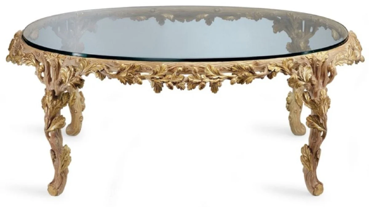 Luxury baroque coffee table with glass top natural color / brown - Oval living room table in baroque style - Baroque furniture - Baroque interior - Noble & magnificent - Luxury quality - Made in Italy