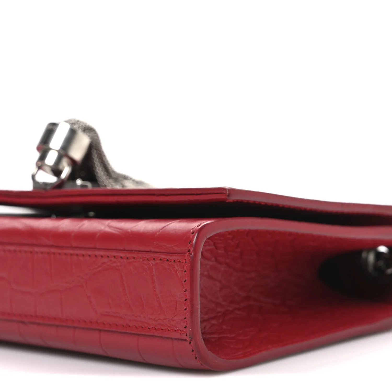 Calfskin Crocodile Embossed Small Classic Monogram Kate Tassel Satchel Red - Top Club